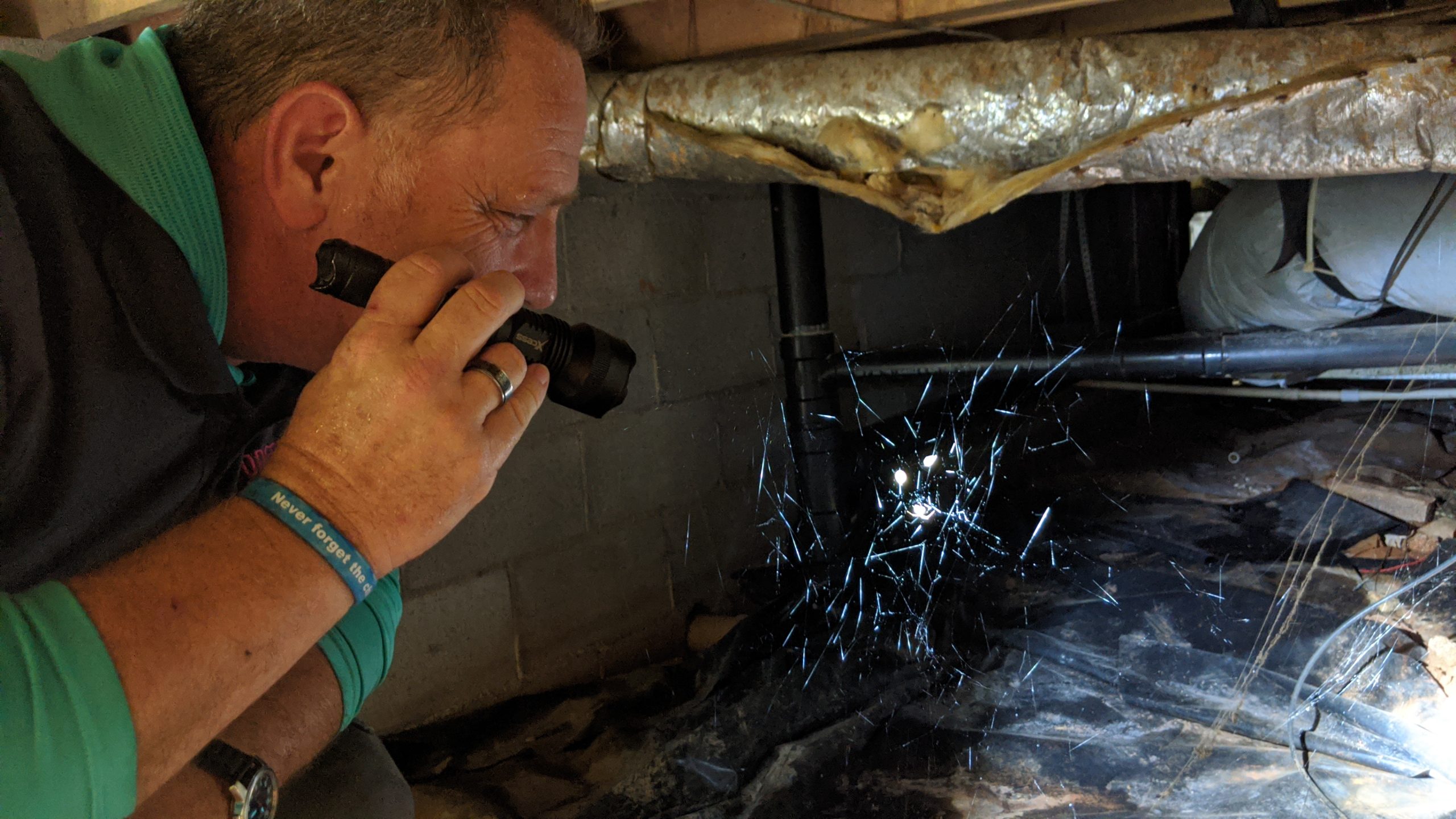 Pest Control Technician finding signs of spider infestation in crawlspace